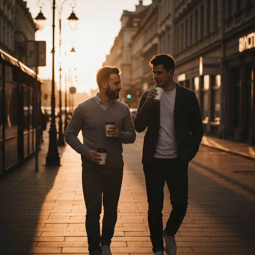 Dos hombres paseando juntos por la ciudad